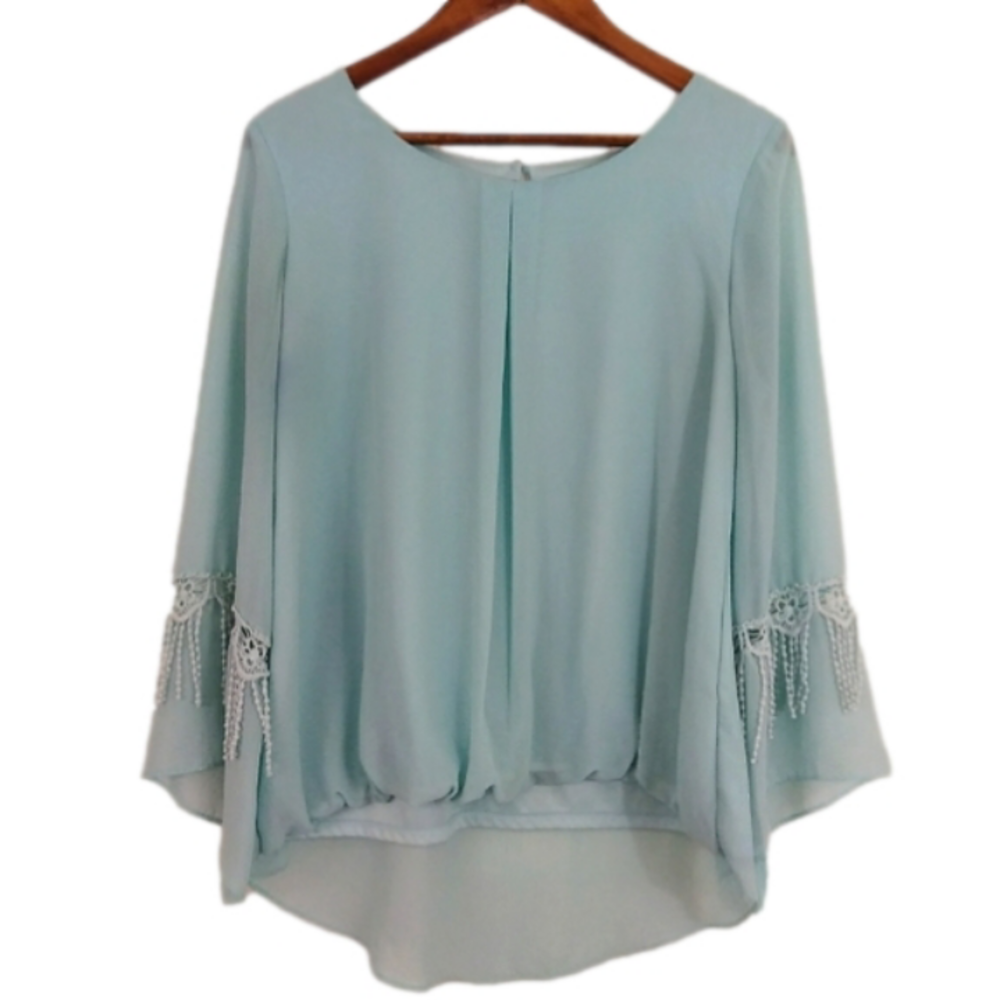 ALYX Blue Boho Peasant Style Blouse Fringe Sleeve Semi Sheer Overlay Top Shirt